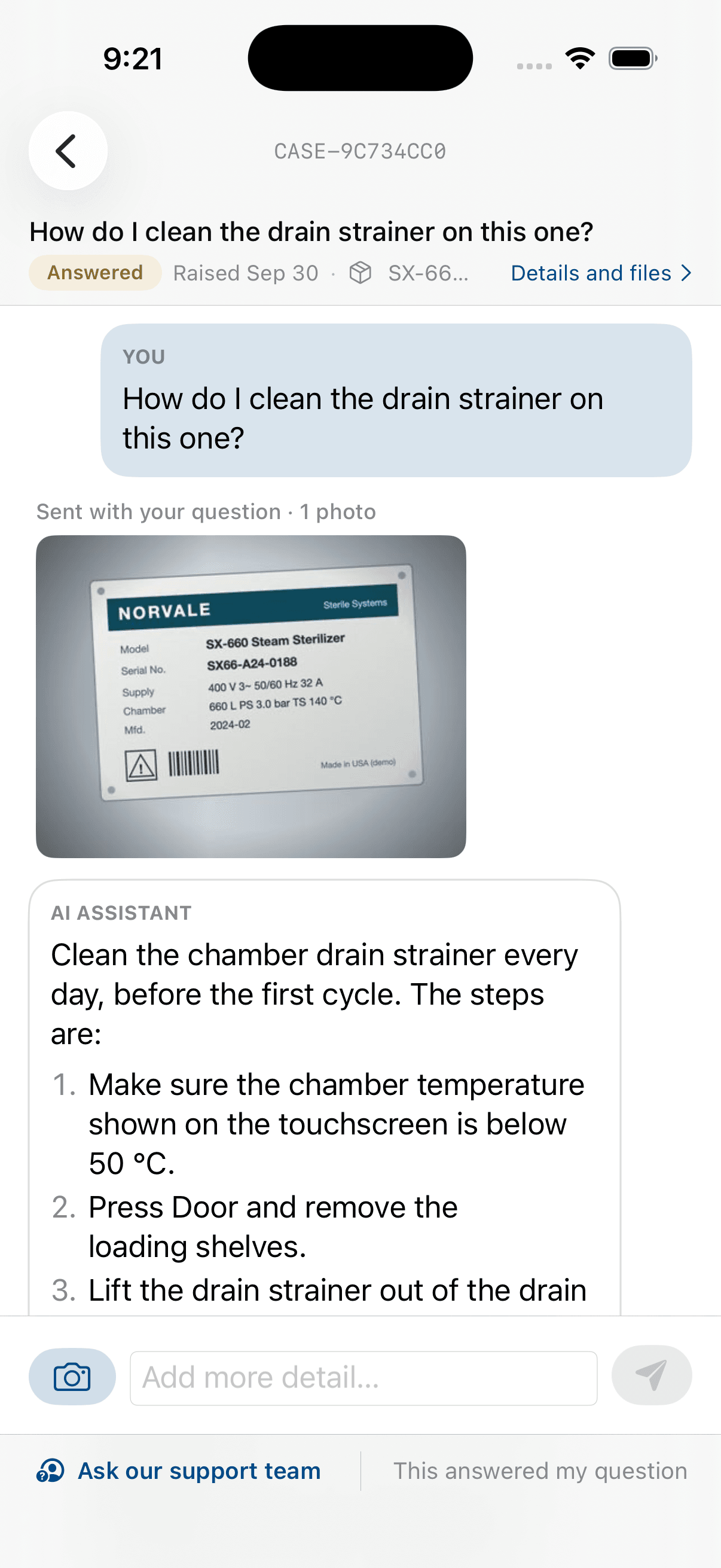 A question sent with the nameplate photo, and the answer beginning beneath it
