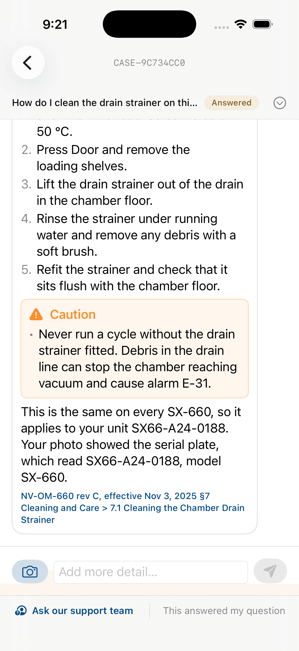 A question answered on the phone, with numbered steps, a caution, and the citation to the manual revision and section