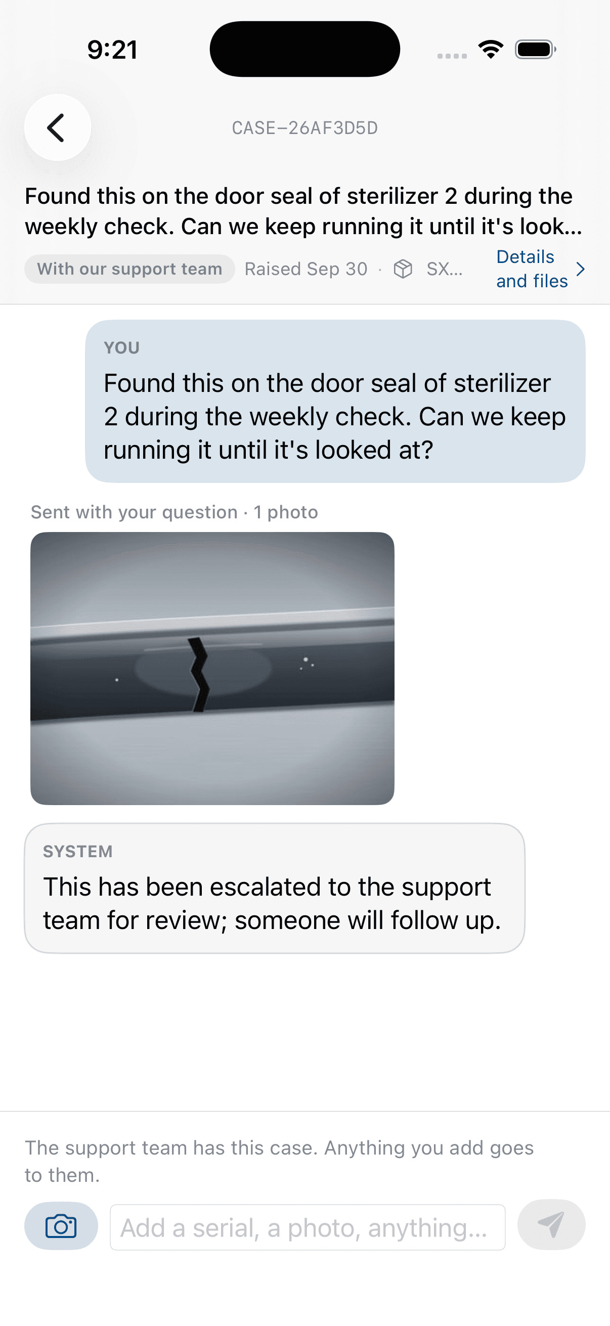 On the phone, a photo of a torn door seal sent with a question. Instead of troubleshooting steps, a system message says the case has been escalated to the support team.